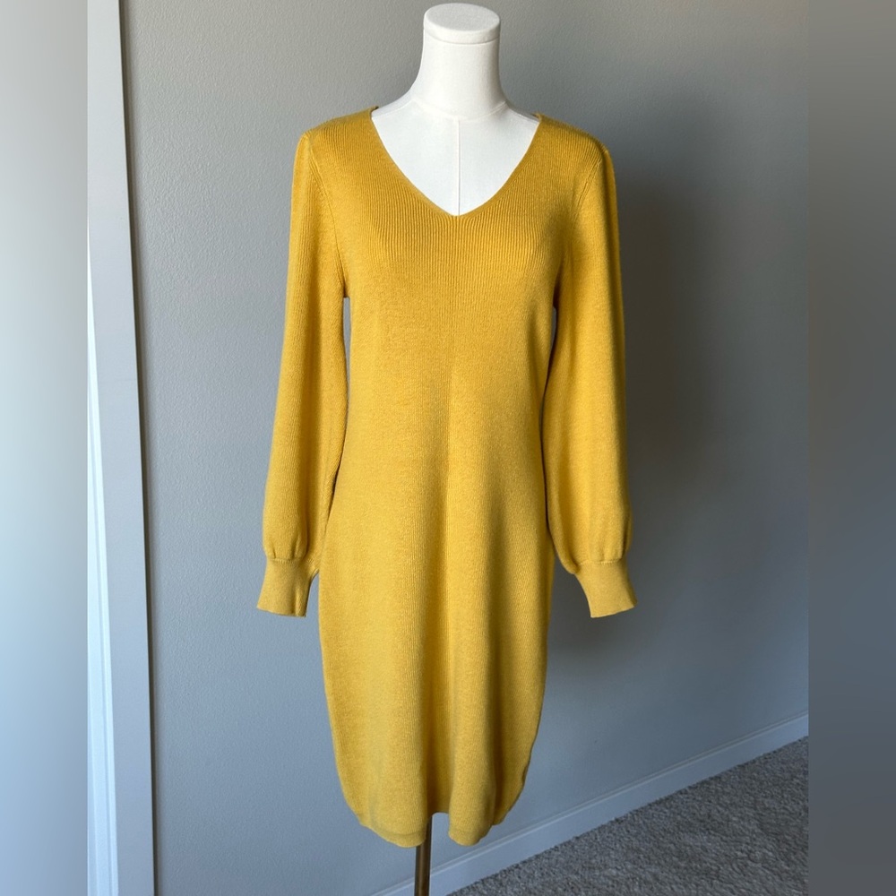 Effortless Nina Leonard V-Neck Balloon Sleeve Sweater Dress in-Mustard-M.